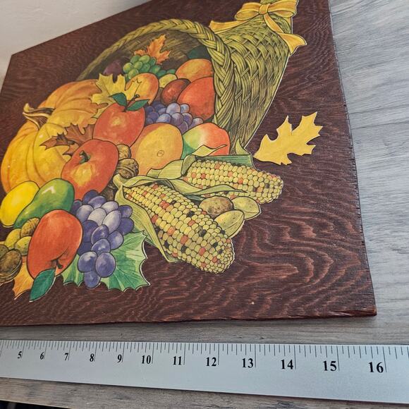 Vintage Cornucopia Wood Panel Picture 16" Thanksgiving Flowers Cottage 80s Fall - Picture 8 of 10